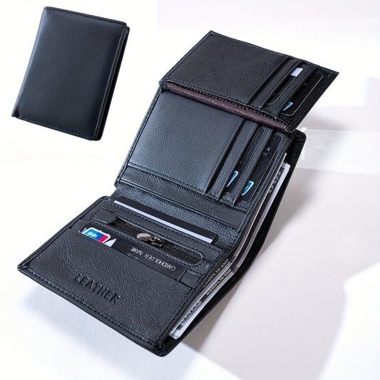 Men's Genuine Leather Wallet, Slim Vertical Bifold Wallet with ID Window